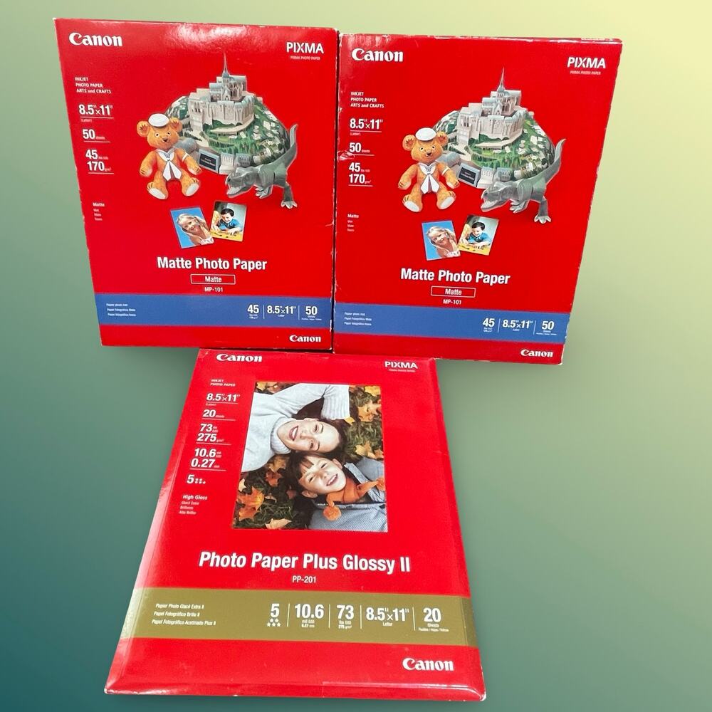 Canon Pixma Photo Paper Lot Matte MP-101 Glossy II PP-201 8.5x11 Inkjet Bundle